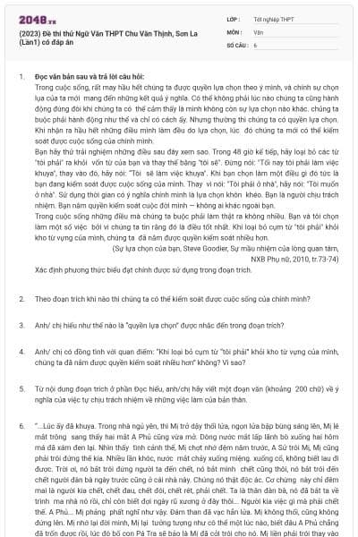 (2023) Đề thi thử Ngữ Văn THPT Chu Văn Thịnh, Sơn La (Lần1) có đáp án