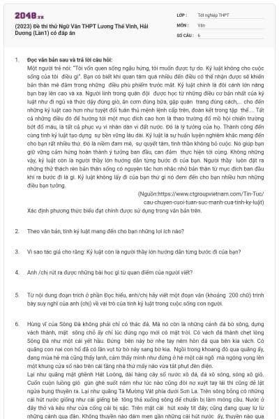(2023) Đề thi thử Ngữ Văn THPT Lương Thế Vinh, Hải Dương (Lần1) có đáp án
