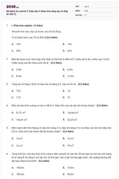 Đề kiểm tra cuối kì 2 Toán lớp 5 Chân trời sáng tạo có đáp án (Đề 2)