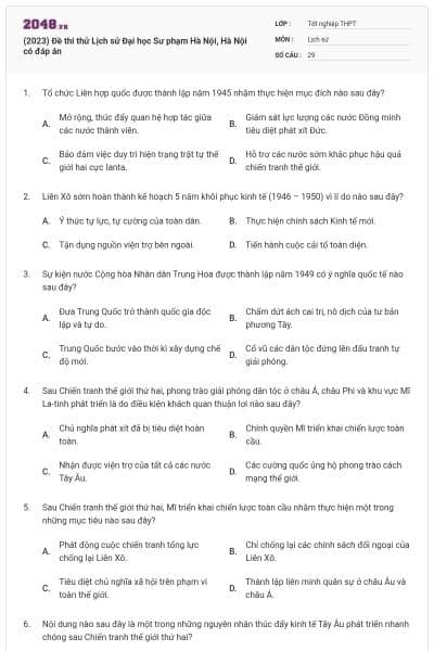 (2023) Đề thi thử Lịch sử Đại học Sư phạm Hà Nội, Hà Nội có đáp án