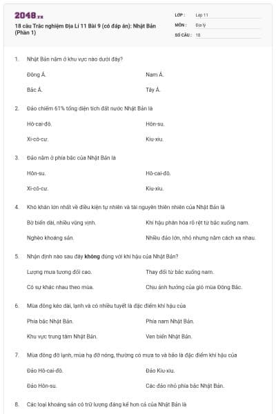 18 câu  Trắc nghiệm Địa Lí 11 Bài 9 (có đáp án): Nhật Bản (Phần 1)