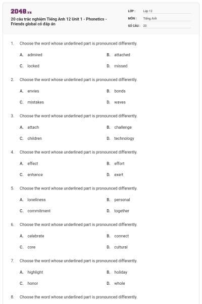 20 câu trắc nghiệm Tiếng Anh 12 Unit 1 - Phonetics - Friends global có đáp án
