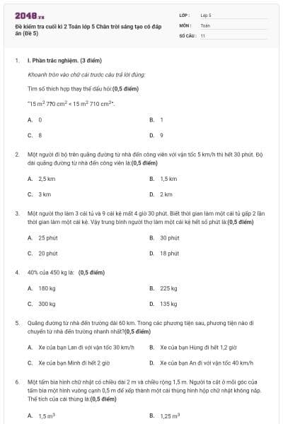 Đề kiểm tra cuối kì 2 Toán lớp 5 Chân trời sáng tạo có đáp án (Đề 5)