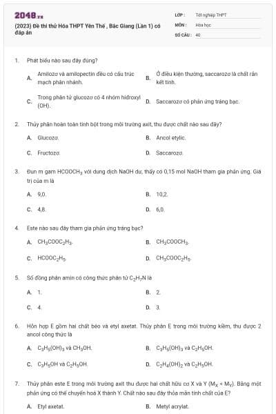 (2023) Đề thi thử Hóa THPT Yên Thế , Bắc Giang (Lần 1) có đáp án