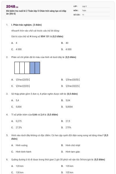 Đề kiểm tra cuối kì 2 Toán lớp 5 Chân trời sáng tạo có đáp án (Đề 6)