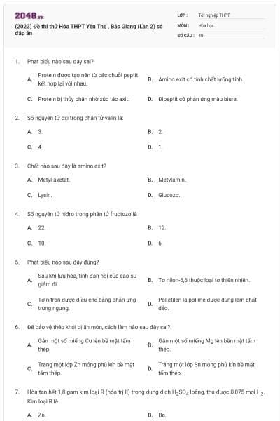 (2023) Đề thi thử Hóa THPT Yên Thế , Bắc Giang (Lần 2) có đáp án