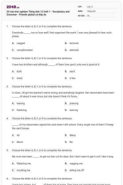 20 câu trắc nghiệm Tiếng Anh 12 Unit 1 - Vocabulary and Grammar - Friends global có đáp án