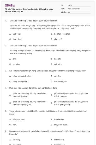 10 câu Trắc nghiệm Khoa học tự nhiên 6 Chân trời sáng tạo Bài 42 có đáp án