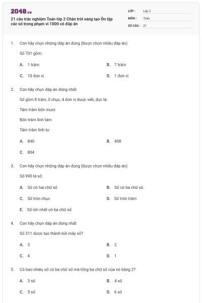 21 câu trắc nghiệm Toán lớp 2 Chân trời sáng tạo Ôn tập các số trong phạm vi 1000 có đáp án