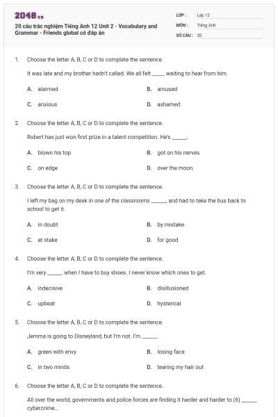 20 câu trắc nghiệm Tiếng Anh 12 Unit 2 - Vocabulary and Grammar - Friends global có đáp án