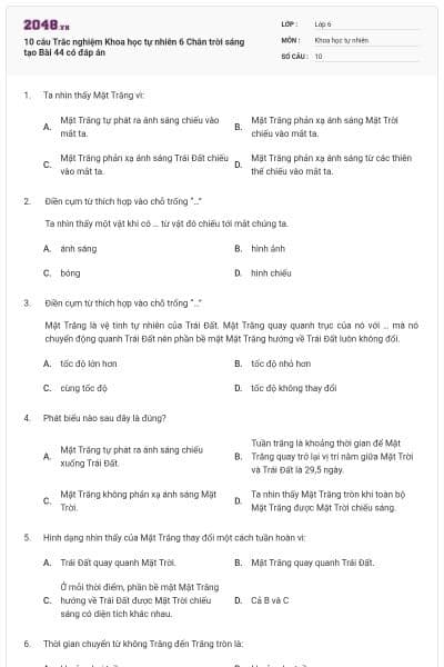 10 câu Trắc nghiệm Khoa học tự nhiên 6 Chân trời sáng tạo Bài 44 có đáp án