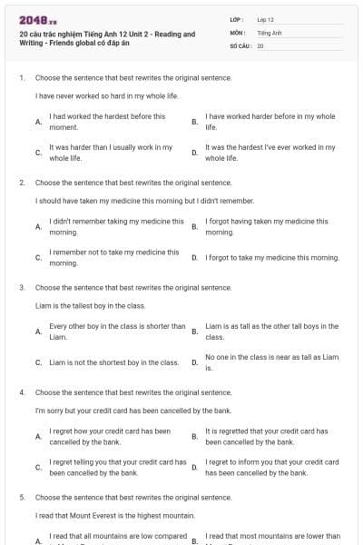 20 câu trắc nghiệm Tiếng Anh 12 Unit 2 - Reading and Writing - Friends global có đáp án