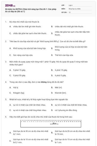 Đề kiểm tra KHTN 6 Chân trời sáng tạo Chủ đề 1: Các phép đo có đáp án (Đề số 1)