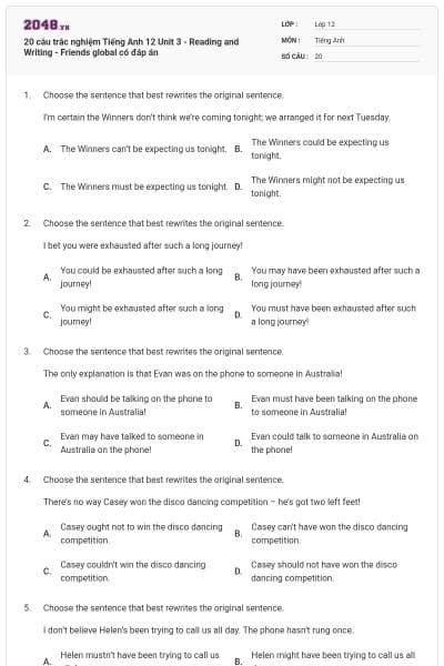 20 câu trắc nghiệm Tiếng Anh 12 Unit 3 - Reading and Writing - Friends global có đáp án