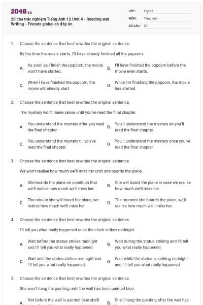 20 câu trắc nghiệm Tiếng Anh 12 Unit 4 - Reading and Writing - Friends global có đáp án