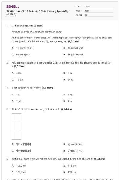 Đề kiểm tra cuối kì 2 Toán lớp 5 Chân trời sáng tạo có đáp án (Đề 8)