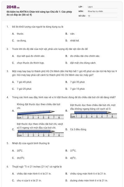 Đề kiểm tra KHTN 6 Chân trời sáng tạo Chủ đề 1: Các phép đo có đáp án (Đề số 4)