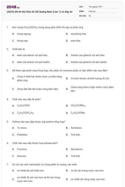 (2023) Đề thi thử Hóa Sở GD Quảng Nam (Lần 1) có đáp án