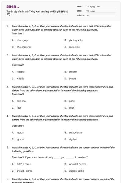 Tuyển tập đề thi thử Tiếng Anh cực hay có lời giải (Đề số 25)