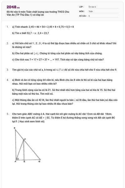 Đề thi vào 6 môn Toán chất lượng cao trường THCS Chu Văn An (TP Thủ Dầu 1) có đáp án
