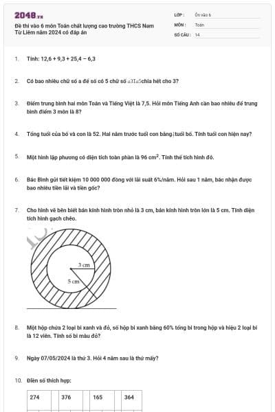 Đề thi vào 6 môn Toán chất lượng cao trường THCS Nam Từ Liêm năm 2024 có đáp án