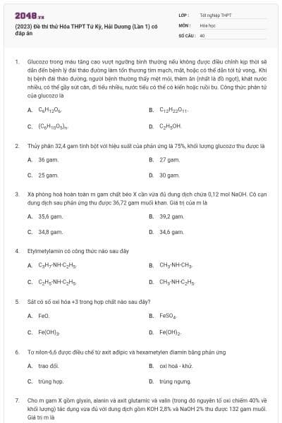 (2023) Đề thi thử Hóa THPT Tứ Kỳ, Hải Dương (Lần 1) có đáp án