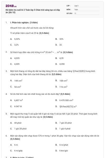 Đề kiểm tra cuối kì 2 Toán lớp 5 Chân trời sáng tạo có đáp án (Đề 10)