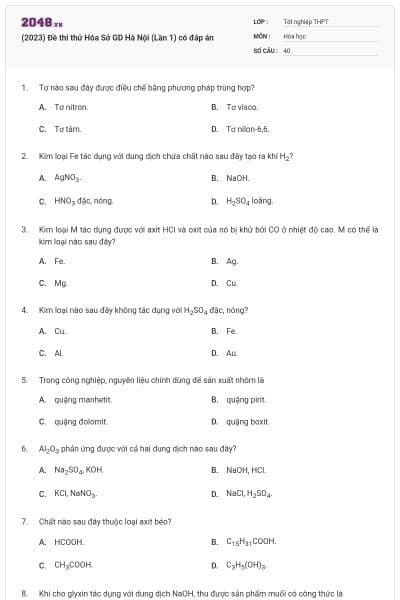 (2023) Đề thi thử Hóa Sở GD Hà Nội (Lần 1) có đáp án
