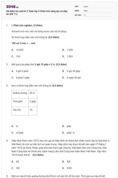 Đề kiểm tra cuối kì 2 Toán lớp 5 Chân trời sáng tạo có đáp án (Đề 11)