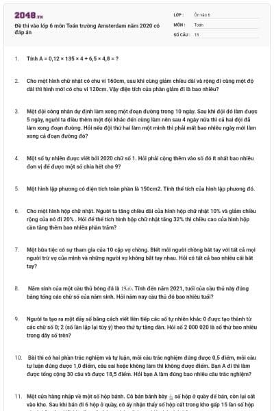Đề thi vào lớp 6 môn Toán trường Amsterdam năm 2020 có đáp án