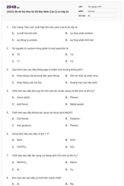 (2023) Đề thi thử Hóa Sở GD Bắc Ninh (Lần 3) có đáp án