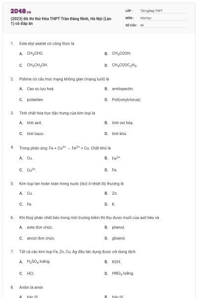 (2023) Đề thi thử Hóa THPT Trần Đăng Ninh, Hà Nội (Lần 1) có đáp án