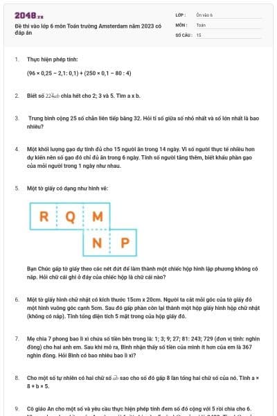 Đề thi vào lớp 6 môn Toán trường Amsterdam năm 2023 có đáp án