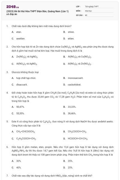 (2023) Đề thi thử Hóa THPT Điện Bàn, Quảng Nam (Lần 1) có đáp án