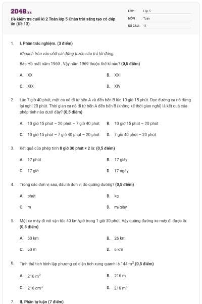 Đề kiểm tra cuối kì 2 Toán lớp 5 Chân trời sáng tạo có đáp án (Đề 13)