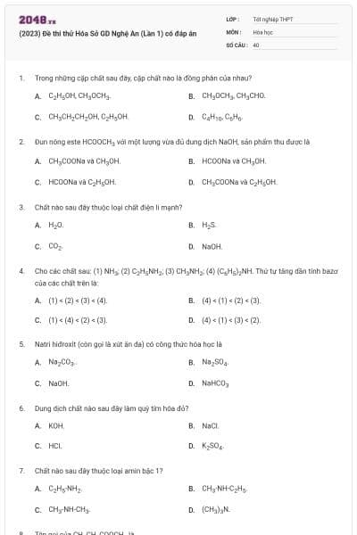 (2023) Đề thi thử Hóa Sở GD Nghệ An (Lần 1) có đáp án