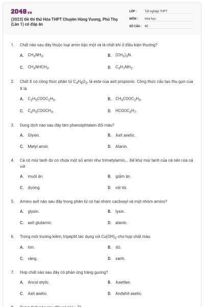 (2023) Đề thi thử Hóa THPT Chuyên Hùng Vương, Phú Thọ (Lần 1) có đáp án