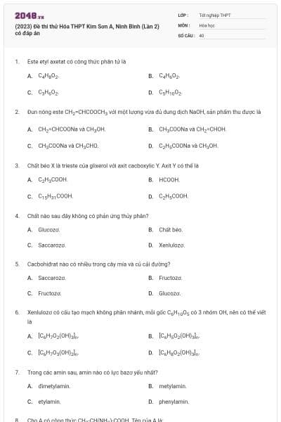 (2023) Đề thi thử Hóa THPT Kim Sơn A, Ninh Bình (Lần 2) có đáp án