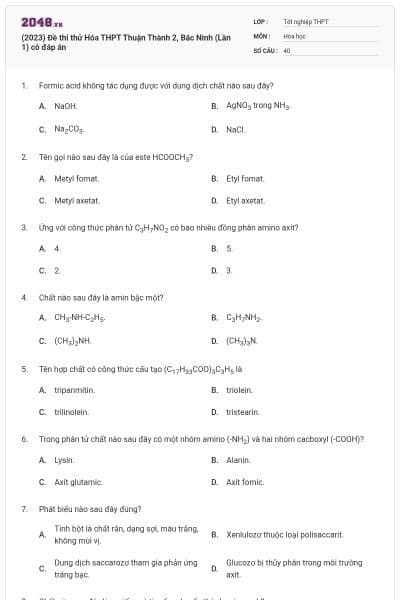 (2023) Đề thi thử Hóa THPT Thuận Thành 2, Bắc Ninh (Lần 1) có đáp án