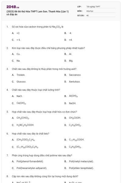 (2023) Đề thi thử Hóa THPT Lam Sơn.  Thanh Hóa (Lần 1) có đáp án
