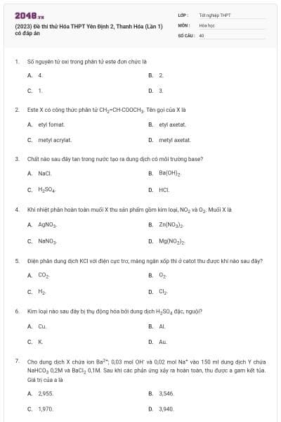 (2023) Đề thi thử Hóa THPT Yên Định 2, Thanh Hóa (Lần 1) có đáp án