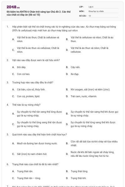 Đề kiểm tra KHTN 6 Chân trời sáng tạo Chủ đề 2. Các thể của chất có đáp án (Đề số 10)