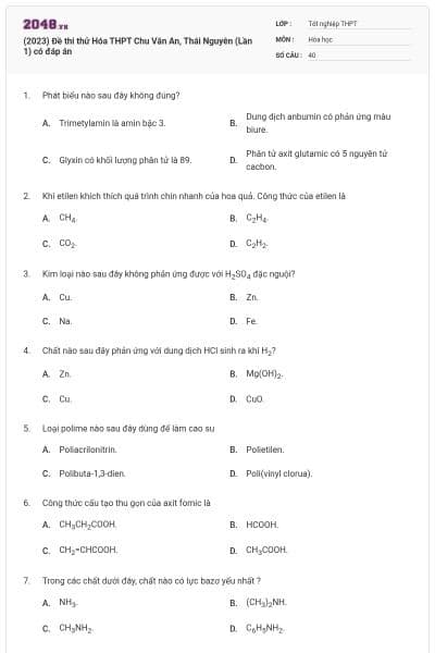 (2023) Đề thi thử Hóa THPT Chu Văn An, Thái Nguyên (Lần 1) có đáp án
