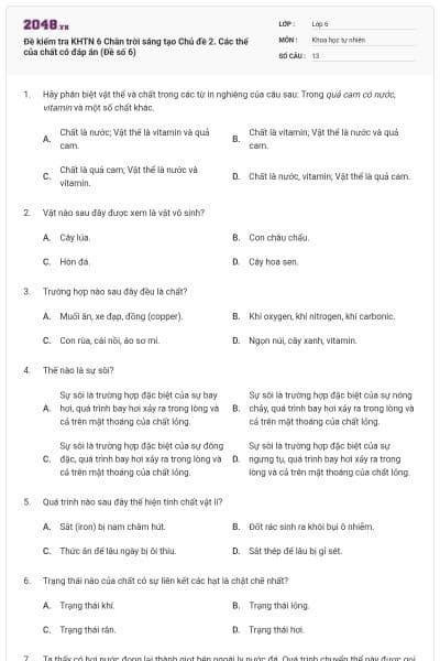 Đề kiểm tra KHTN 6 Chân trời sáng tạo Chủ đề 2. Các thể của chất có đáp án (Đề số 6)