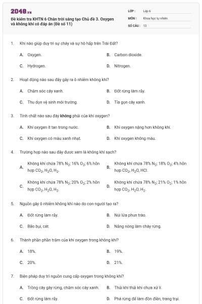 Đề kiểm tra KHTN 6 Chân trời sáng tạo Chủ đề 3. Oxygen và không khí có đáp án (Đề số 11)