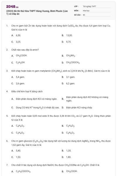 (2023) Đề thi thử Hóa THPT Hùng Vương, Bình Phước (Lần 1) có đáp án