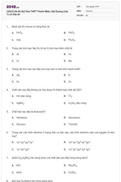 (2023) Đề thi thử Hóa THPT Thanh Miện, Hải Dương (Lần 1) có đáp án