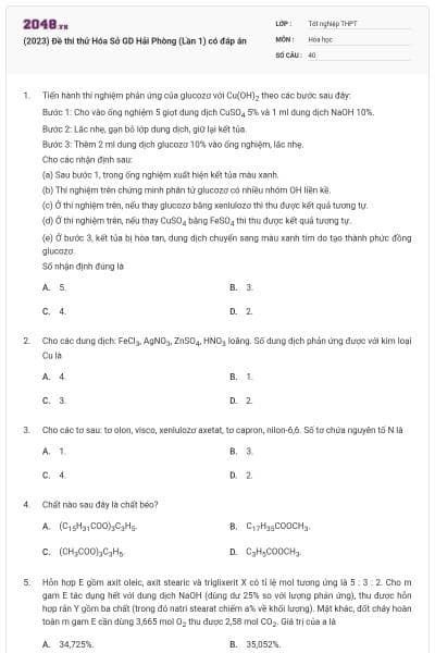 (2023) Đề thi thử Hóa Sở GD Hải Phòng (Lần 1) có đáp án