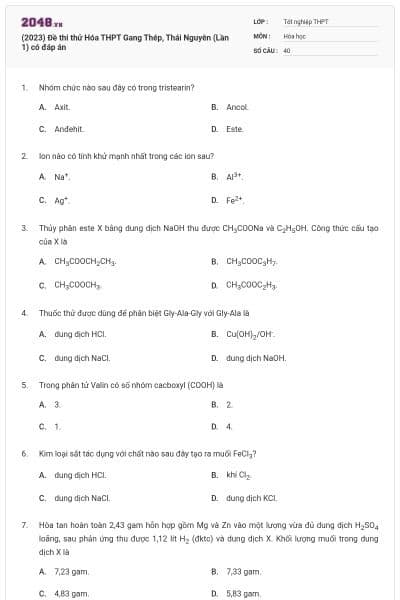(2023) Đề thi thử Hóa THPT Gang Thép, Thái Nguyên (Lần 1) có đáp án