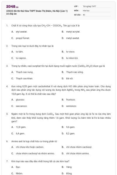 (2023) Đề thi thử Hóa THPT Đoàn Thị Điểm, Hà Nội (Lần 1) có đáp án
